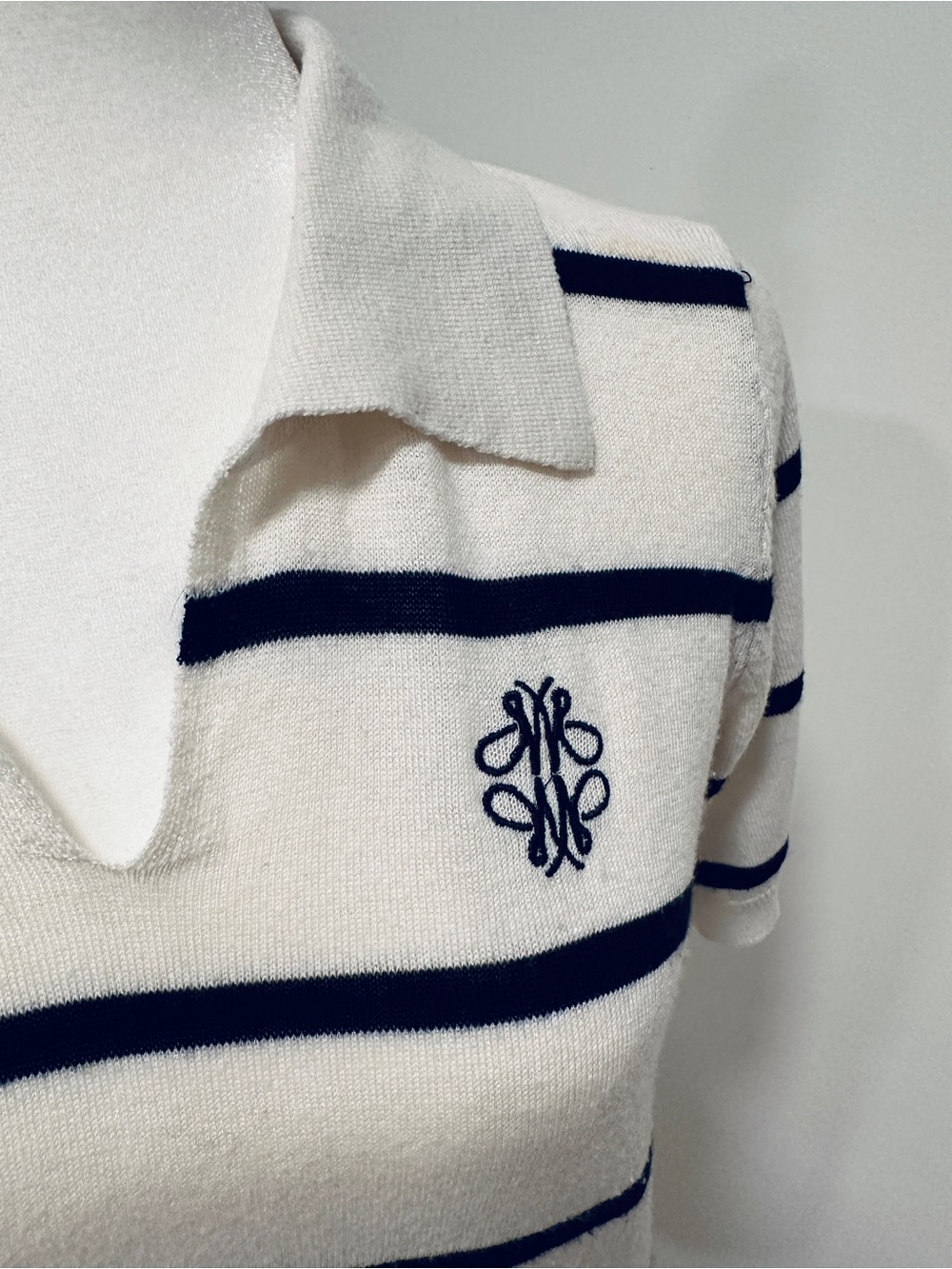 Striped Short Sleeve Polo Knit Sweater Cream Black Embroidered Monogram Logo S
